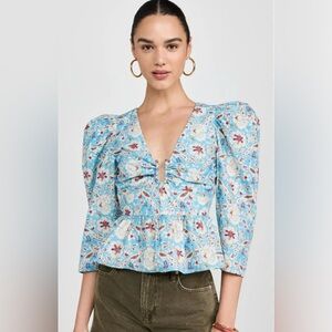RHODE Blue Floral V-Neck Puff Sleeve Blouse